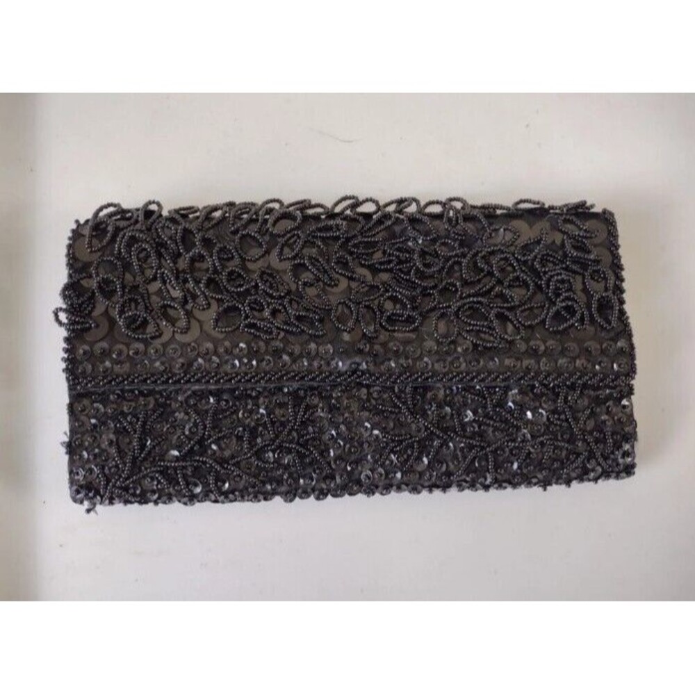 Small Black Beaded Clutch Handbag Snap Close Vintage Mid Century 60s Glamour